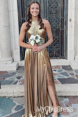 A-Line Metallic Prom Dresses Cheap Halter Neck Long Gown With Split