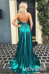 A-Line Metallic Prom Dresses Cheap Halter Neck Long Gown With Split