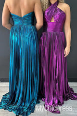 A-Line Metallic Prom Dresses Cheap Halter Neck Long Gown With Split