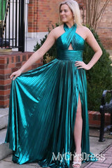 A-Line Metallic Prom Dresses Cheap Halter Neck Long Gown With Split