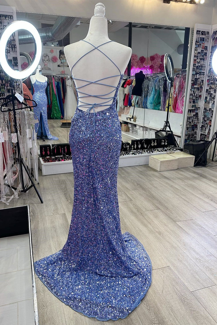 Long Mermaid Navy Blue Sequin Prom Dresses Straps Lace-Up - MyChicDress
