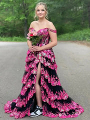 Pink Gold Muti Layered Sequin Prom Dresses Off the Shoulder Ruffles