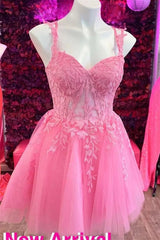 Pink Homecoming Dress Flower Straps A-line Appliques Tulle Hoco Dress MyChicDress