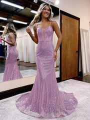 Pink Sequins Evening Dresses UK Mermaid Long Formal Gowns MyChicDress