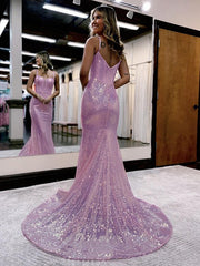 Pink Sequins Evening Dresses UK Mermaid Long Formal Gowns MyChicDress