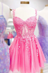 2024 Pink Homecoming Dress Flower Straps A-line Appliques Tulle Hoco Dress
