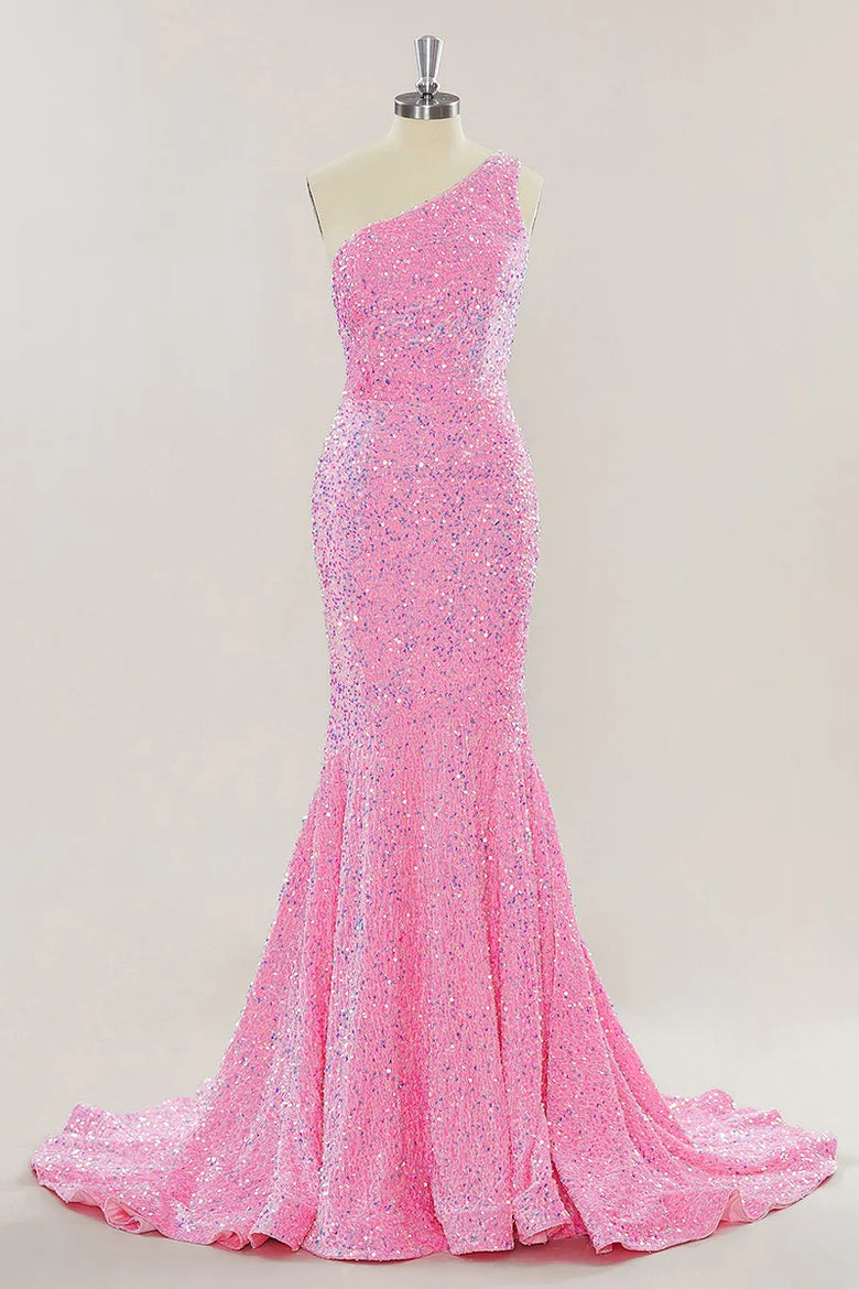 Pink Long Prom Dresses One Shoulder Sequins Formal Gown Mermaid - MyChicDress