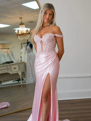 Satin Mermaid Pink Long Prom Dresses Sweetheart 