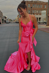 Pink Satin Long Formal Guest Dress with Bow Spaghetti Straps V-Neck