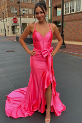 Pink Satin Long Formal Guest Dress with Bow Spaghetti Straps V-Neck