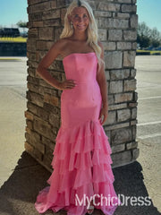 Pink Strapless Satin Mermaid Formal Dress Ruffles for Party