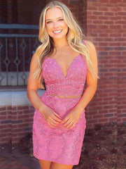 2024 Pink Two Piece Homecoming Dresses Lace Tight V-neck Sleeveless