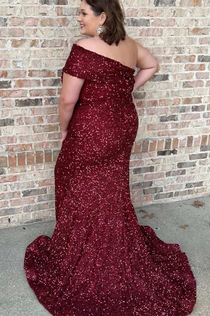 Plus Size Wine Red Sequin Prom Dresses Off Shoulder Long Evening Dress MyChicDress