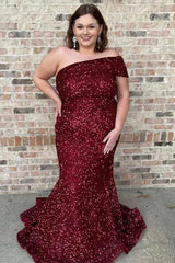 Plus Size Wine Red Sequin Prom Dresses Off Shoulder Long Evening Dress MyChicDress