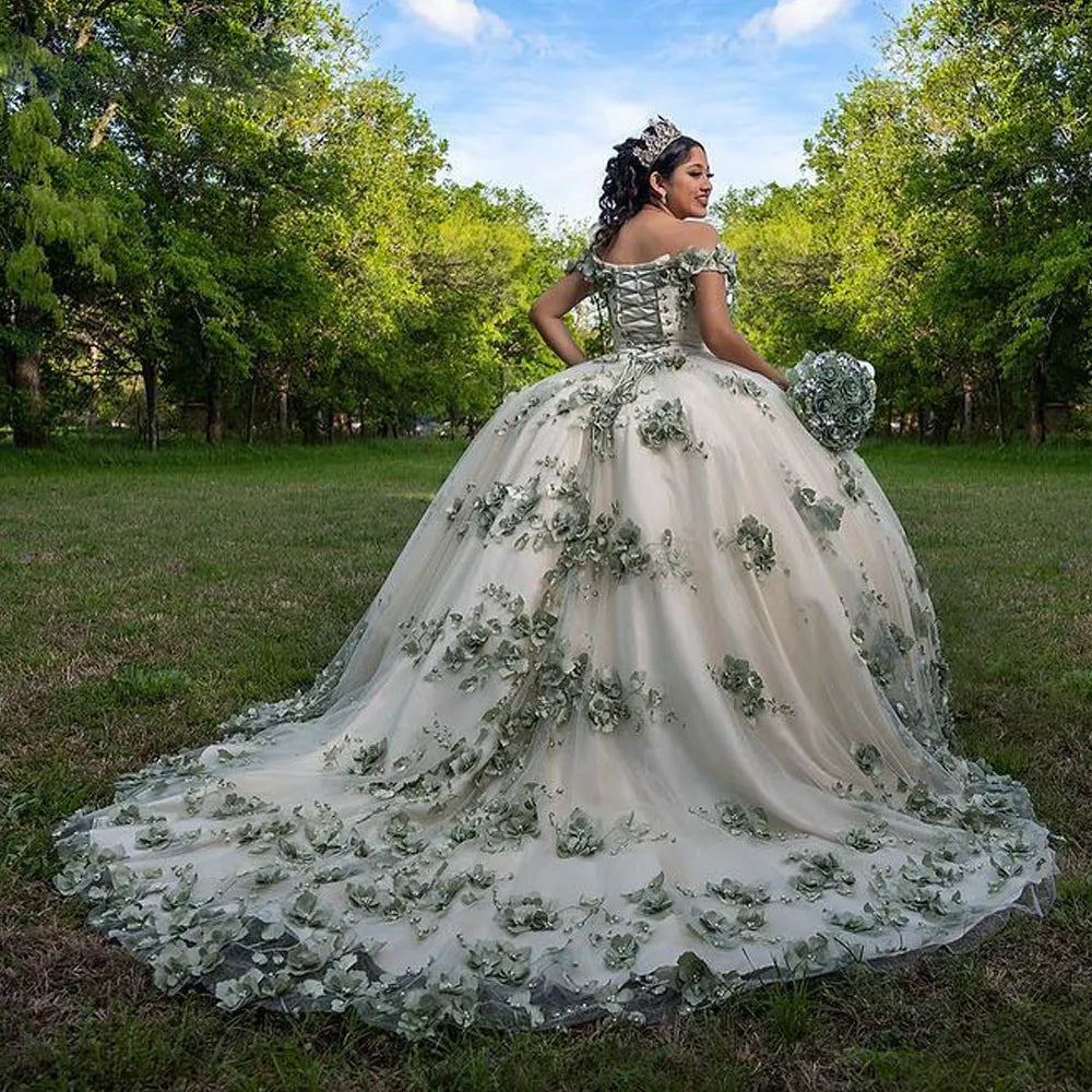Plus Size Sage Green Sweet 16 Dress Quinceanera Dresses 3D Flower - MyChicDress