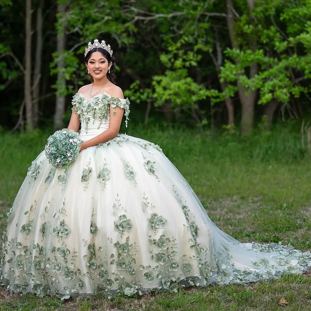 Plus Size Sage Green Sweet 16 Dress Quinceanera Dresses 3D Flower - MyChicDress