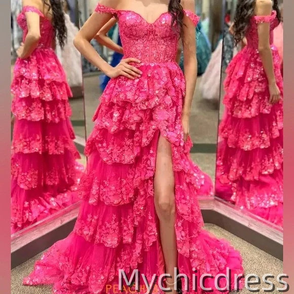 Plus Size Tiered fuchsia Prom Dress Ruffles Off the Shoulder Sequin Lace - MyChicDress