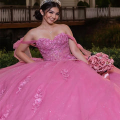 Pretty 2024 Pink Quinceanera Dresses Puffy Lace Off-Shoulder Sweet 16 Gowns MyChicDress