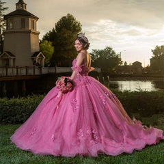 Pretty 2024 Pink Quinceanera Dresses Puffy Lace Off-Shoulder Sweet 16 Gowns MyChicDress