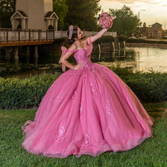 Pretty 2024 Pink Quinceanera Dresses Puffy Lace Off-Shoulder Sweet 16 Gowns MyChicDress