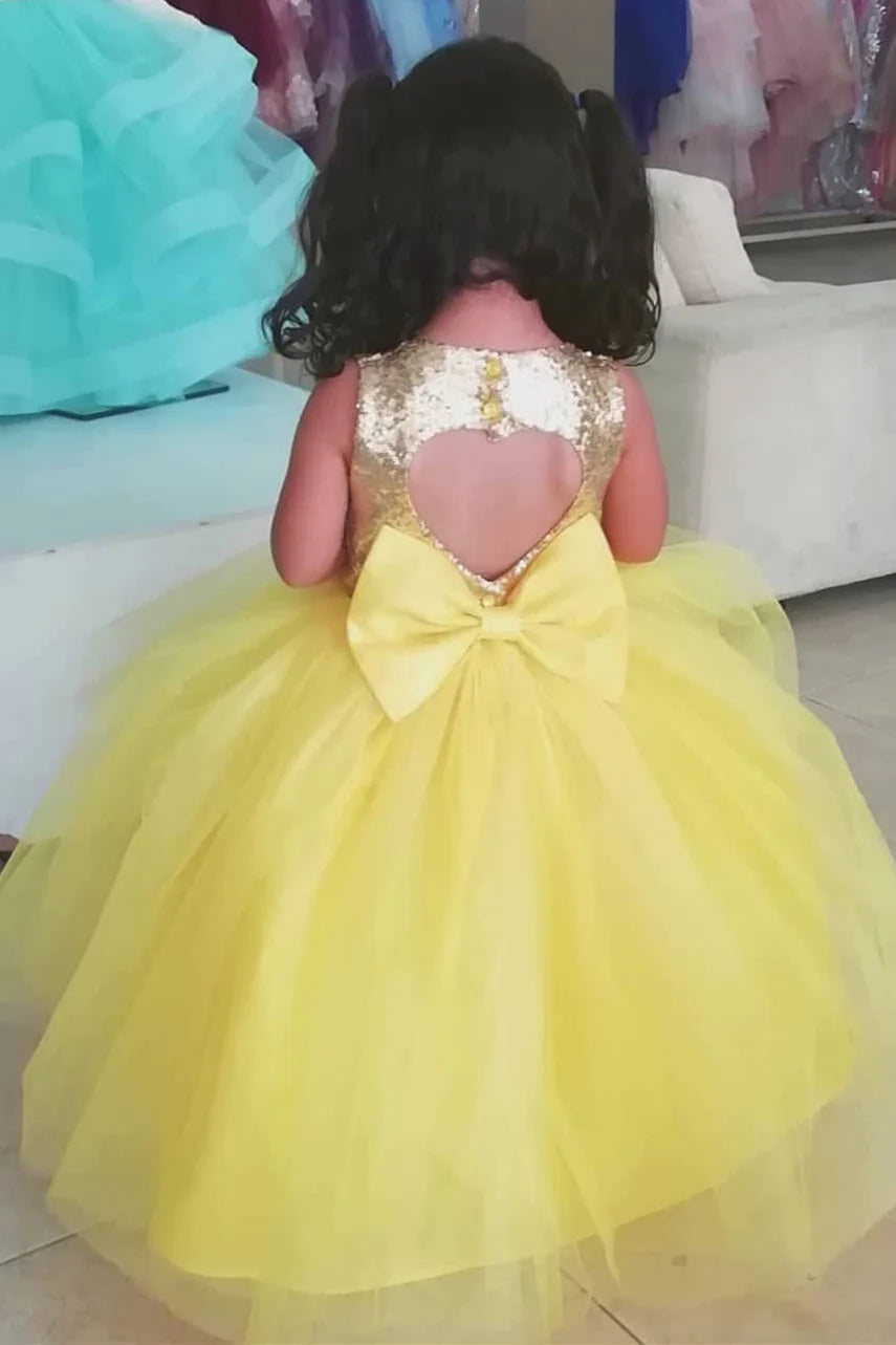 Pretty Yellow Tulle Flower Girl Dress Sequin Tulle with Bowknot MyChicDress