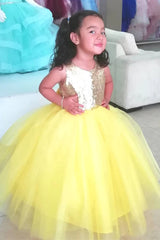 Pretty Yellow Tulle Flower Girl Dress Sequin Tulle with Bowknot