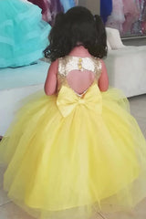 Pretty Yellow Tulle Flower Girl Dress Sequin Tulle with Bowknot