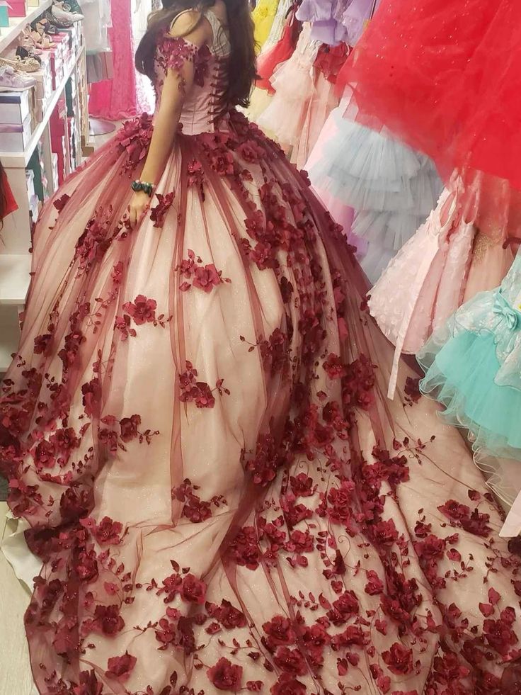 Princess 2024 Burgundy Quinceanera 15 Dresses Crystals With 3D Flowers MyChicDress