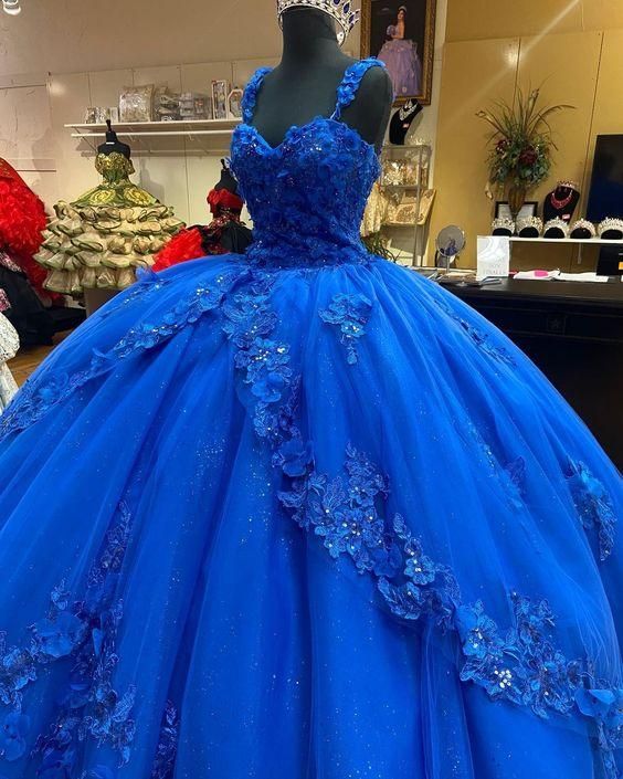 Princess 2024 Royal Blue Quinceanera Dresses 3D Flowers Crystals Sweet 16 Dress MyChicDress