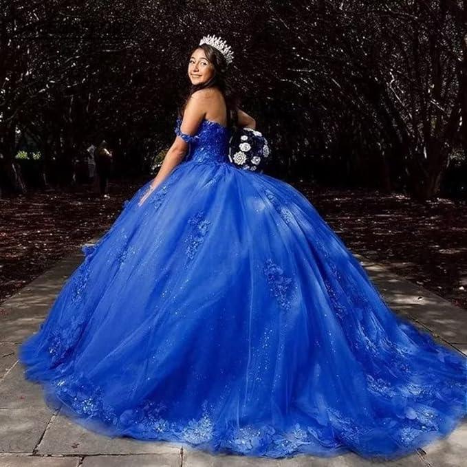 Princess 2024 Royal Blue Quinceanera Dresses 3D Flowers Crystals Sweet 16 Dress MyChicDress