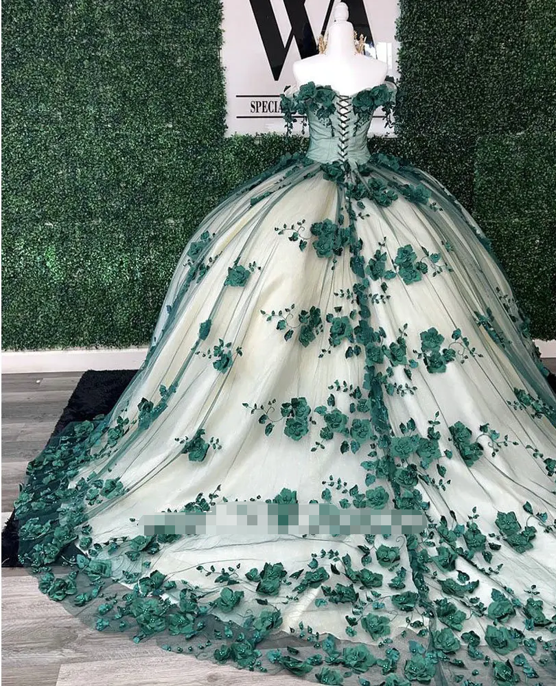 Princess Ball Gown 2024 Green Quince Dresses Floral Beaded Crystals Off the Shoulder MyChicDress