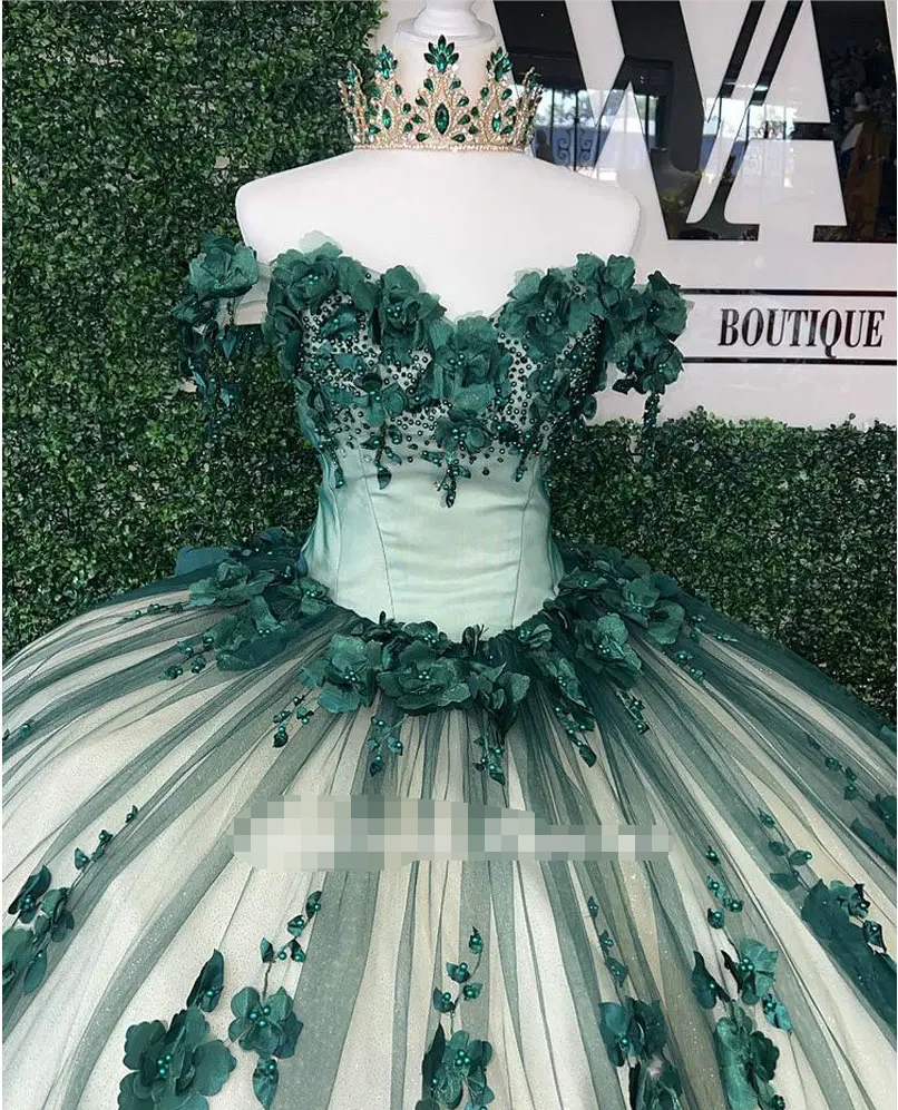 Princess Ball Gown Green Quince Dresses Floral Beaded Crystals Off the Shoulder MyChicDress