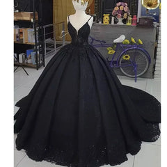 Princess Ball Gown Spaghetti Straps Beaded Black Wedding Dresses MyChicDress