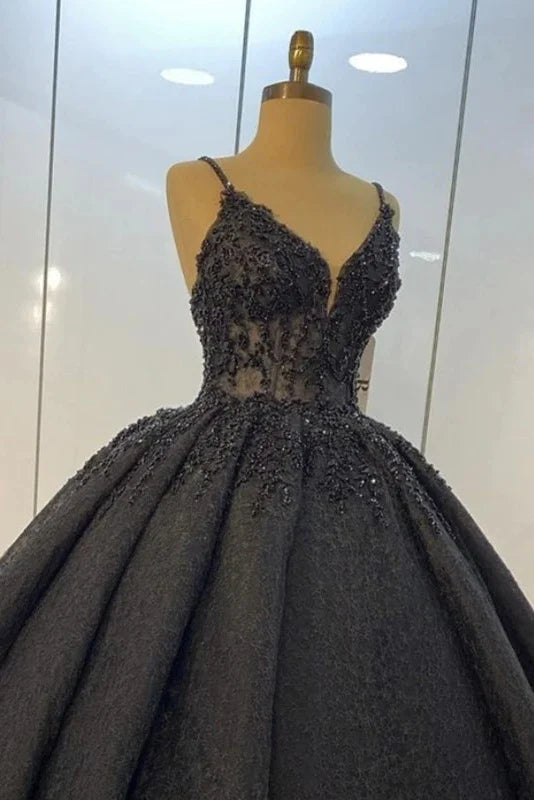 Princess Ball Gown Spaghetti Straps Beaded Black Wedding Dresses MyChicDress