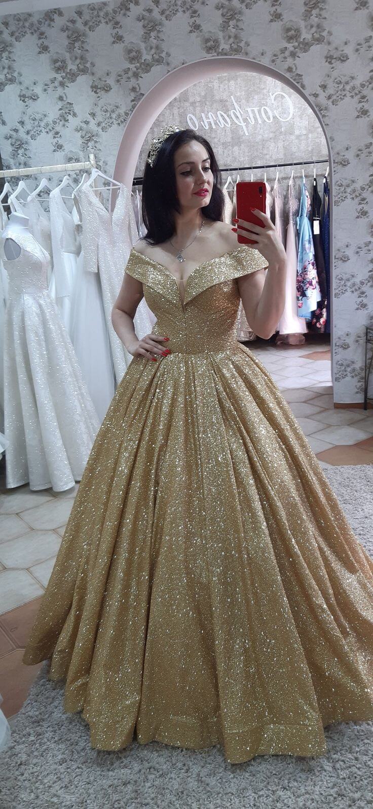 Princess Ball Gown Red Sequin Wedding Dresses Off the Shouder