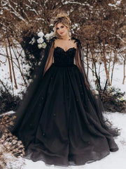 Princess Black Gothic Wedding Dress 3D Flowers Tulle Bridal Gown With Cape MyChicDress