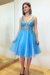 Princess Blue Homecoming Dress Short V Neck Knee Length Hoco Dress MyChicDress