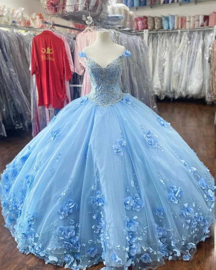Princess Blue Quinceanera Dresses 3D Flower Ball Gown Vestidos De 15 Anos