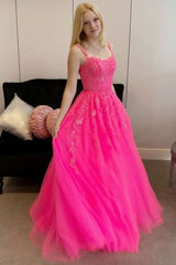 Princess Hot Pink Prom Dresses 2024 Appliqués Backless Long Formal Dress MyChicDress