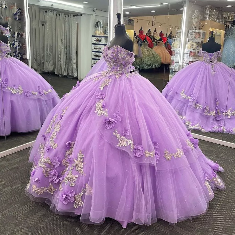 Princesa Renda Lavanda 2025 Quinceanera Vestido De Baile 3D Flores Sweet 16 Vestido