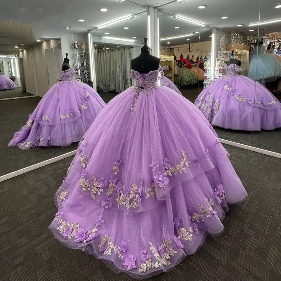 Princesa Renda Lavanda 2025 Quinceanera Vestido De Baile 3D Flores Sweet 16 Vestido