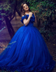 Princess Royal Blue Ball Gown Tulle Wedding Dresses Off the Shoulder Quince Dress MyChicDress