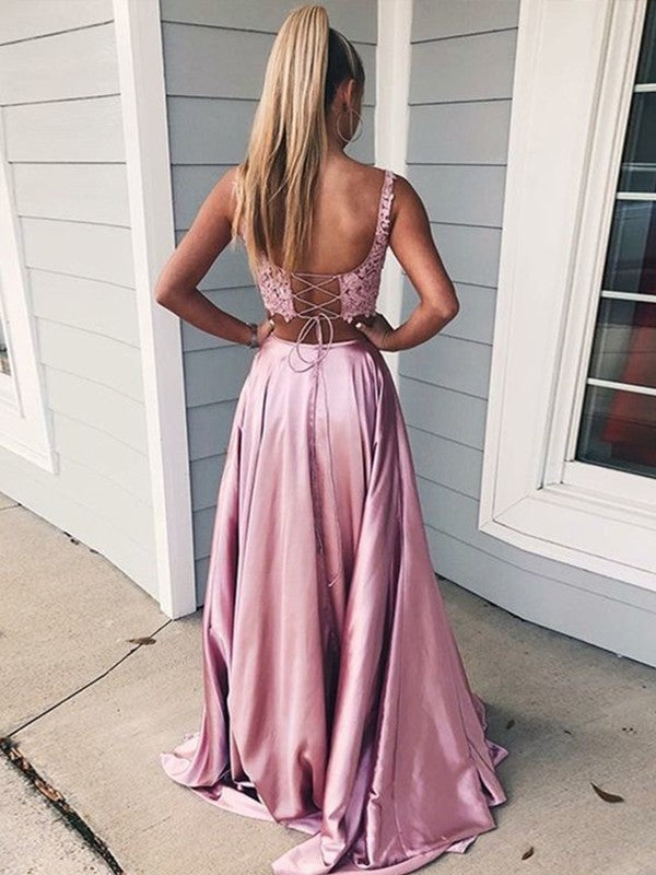 Princess Satin Two Piece Pink Prom Dresses Sleeveless Square MyChicDress