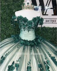 Princess Ball Gown 2024 Green Quince Dresses Floral Beaded Crystals Off the Shoulder