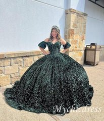 Princess Dark Green Quinceanera Dresses Sequin Bow with Bubble Sleeves