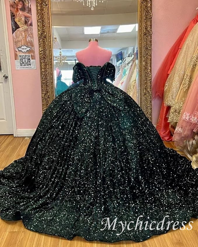 Princess Dark Green Quinceanera Dresses Sequin Bow with Bubble Sleeves Mychicdress