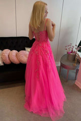 Princess Hot Pink Prom Dresses 2024 Appliqués Backless Long Formal Dress