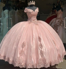 Princess Lace Applique Pink 15 Party Quinceanera Dresses Vintage Off-Shoulder