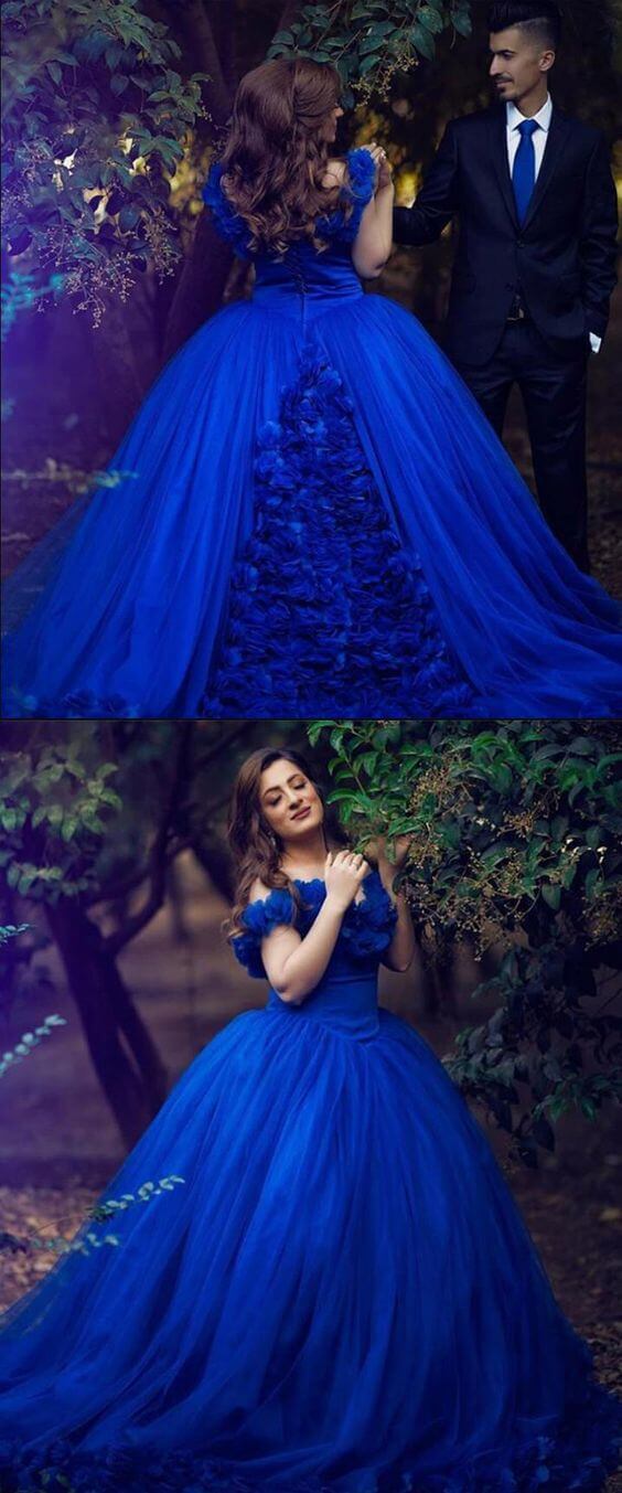 Princess Royal Blue Ball Gown Tulle Wedding Dresses Off the Shoulder Quince Dress