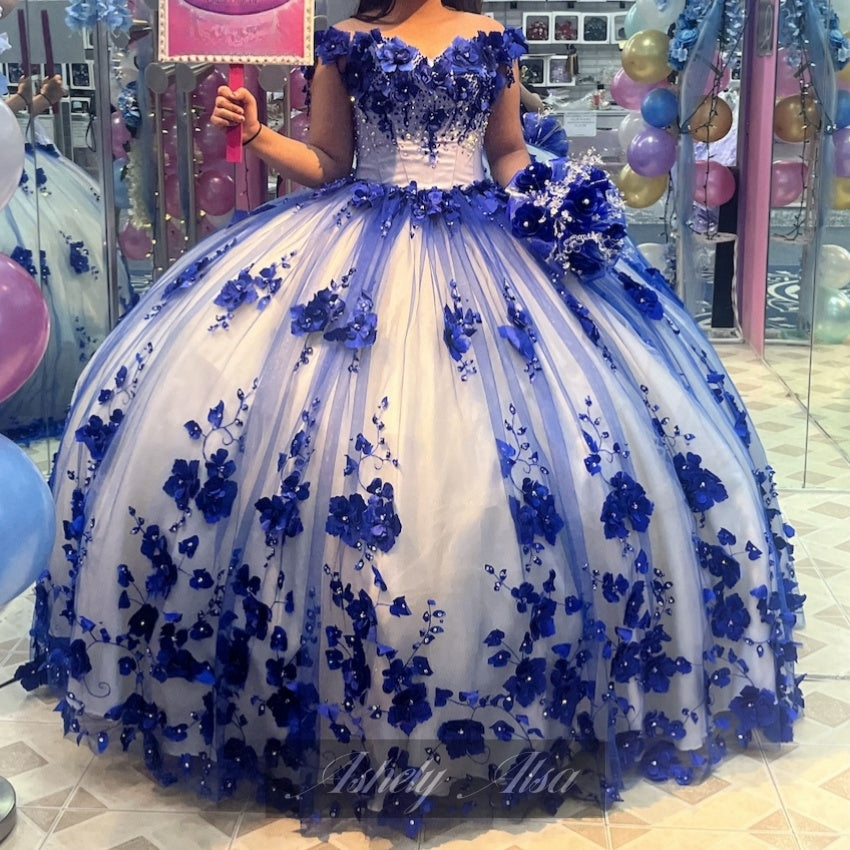 Princess Royal Blue Vestidos De 15 Quinceanera Dresses 3D Floral Crystals - MyChicDress